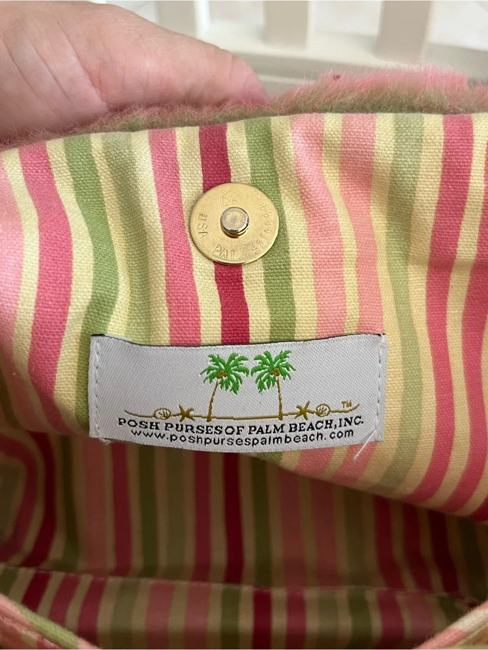 Pink & Green Circle Print Bamboo-Handle Purse with Faux Fur Trim